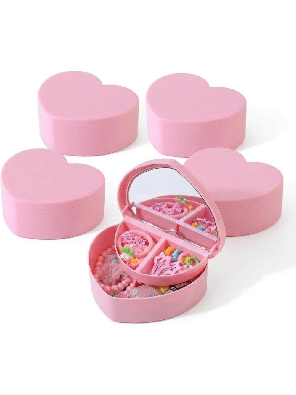 5PCS Heart Shaped Double Layer Jewelry Box with Mirror - Portable Organizer for